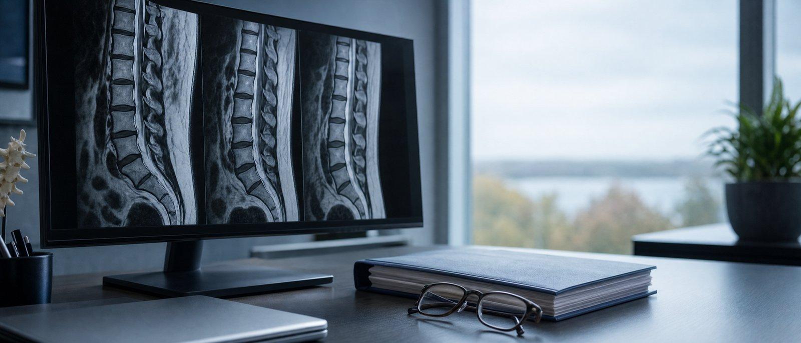 צילומי MRI של עמוד שדרה מותני לצד תיק רפואי